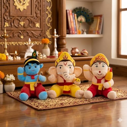 Image of 30X30X30cm 3pcs Set of Super Cute Soft Lovable Huggable Ganesh Ji, Krishna Ji, & Hanuman Ji Plush & Stuffed Toys | Decorative Plush Toy (God Set of 3 Toy)