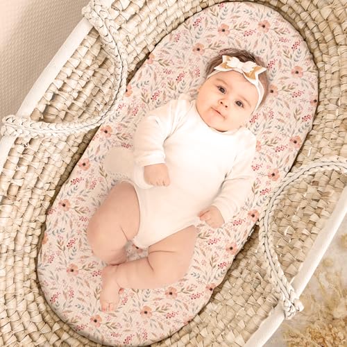 Image of lulumoon Baby Muslin Bassinet Sheets: Skin-Friendly Floral Bassinet Sheets for Girls - Fitted for Oval Rectangle or Hourglass Mattress