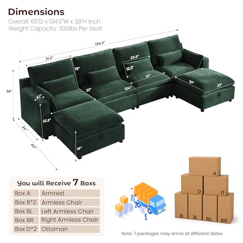 Image of WorthFurni Modern Modular Sectional Sofa,134 inch U Shape Sectional Cloud Couch with Storage Ottoman,Comfty 6 Seat Sofa for Living Room,Green Chenille