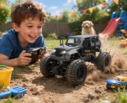 Image of Sky Tech Thar Roxx Mist Spray 1:18 RC Car High Speed 2WD Monster Truck Rechargeable Type-C Remote Control Rock Crawler Car with Smoke Fog Effect | Metal Body LED Lights for Kids【Colors as Per Stock】