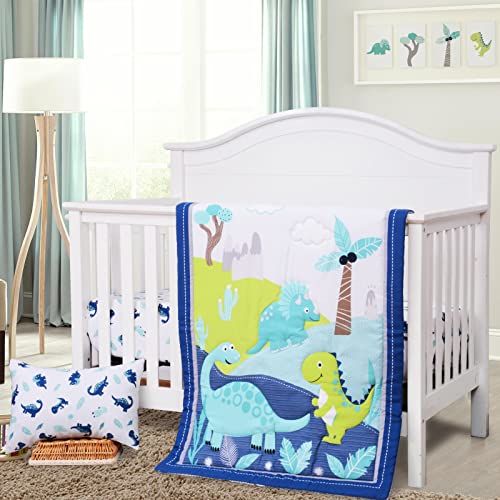 Image of JISEN 3 Piece Crib Bedding Set Crib Quilt Crib Sheet Pillowcase - Soft Microfiber Printed Dinosaur Nursery Set for Baby Boys or Girls