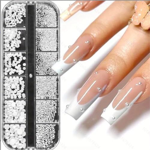 JchEnye 1 Schachtel/12 Fächer Nailart Strasssteine, weiße Nagelperlen, halbrunde Perlenkugeln, Nail Trims, kleine Edelstahlperlen, Kaviarperlen, Damen weiße Flat Back Perlen, Acryl Nail Trims