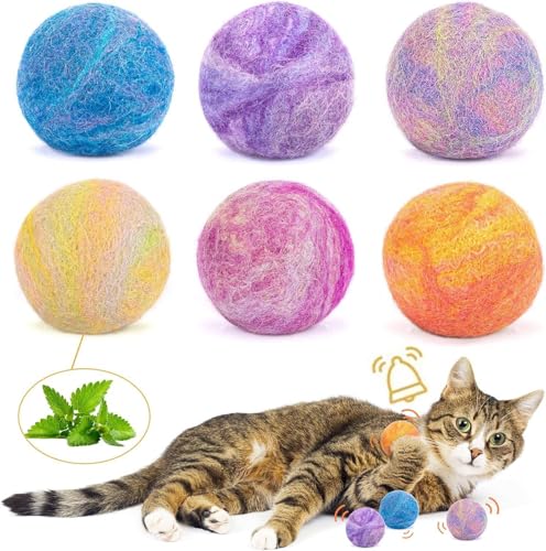 Retro Shaw Catnip Balls with Bell Inside - 6 Pcs Interactive Catnip & Silvervine Cat Toys, Durable Wool Balls for Indoor Cats, Kitten Teething Toys, Natural Catnip Toys for Bored Cats