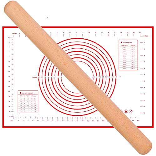 Silicone Pastry Mat, Large 16''x24'' Baking Silicone Mat with Measurements, Fondant Mat, Counter Mat, Oven Liner Pie Crust Mat, Non-Stick Dough mat Pastry Matâ€”â€”give as present a rolling pin(red)