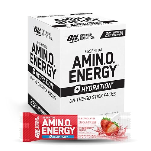 Image of Optimum Nutrition Amino Energy Plus Hydration Packets, On-the-Go Energy Powder Stick Packs, Strawberry Burst, 25 Count