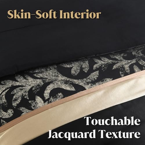 Image of CozyDH Black Gold Comforter Set Queen - 7 Piece Luxury Jacquard Silky Bed in a Bag, Vintage Floral Striped Damask, All-Season Down Alternative Bedding with Bed Skirt, Shams, Decorative Pillow