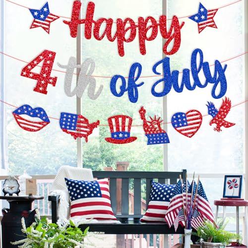 Image of Independence Day Decoration Happy 4th of July Banner | America's Birthday Decor Red White Blue Patriotic USA Memorial Day Decor Armed Forces Day National Day theme Party Supplies