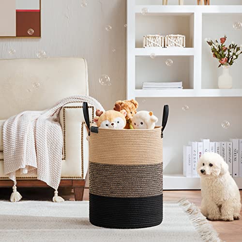 Image of VIPOSCO 58L Tall Woven Rope Laundry Hamper, Leather Handles, Brown & Black | Large Wicker Laundry Basket for Dirty Clothes, Blanket, Toy, Towel, Yoga Mat, Storage Bin in Bedroom, Bathroom, Living Room