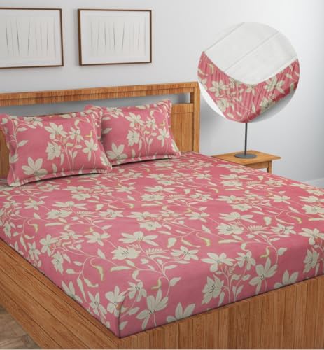 Image of NEW LEAF Cotton Fitted King Bedsheets with 2 Pillow Covers | Elastic Fitted | Wrinklefree | Ultrasoft |Winter Bedsheet 200 to 220 tc Floral | 78x72+8 Inches, Floral Light Pink Beige