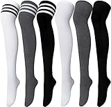 Senker Fashion 6 Pairs Thigh High Socks Striped Over Knee Socks Long Stocking Leg Warmer Socks for Daily Wear, Cosplay, Three Stripes(white/Dark Gray/Black)/White/Dark Gray/Black