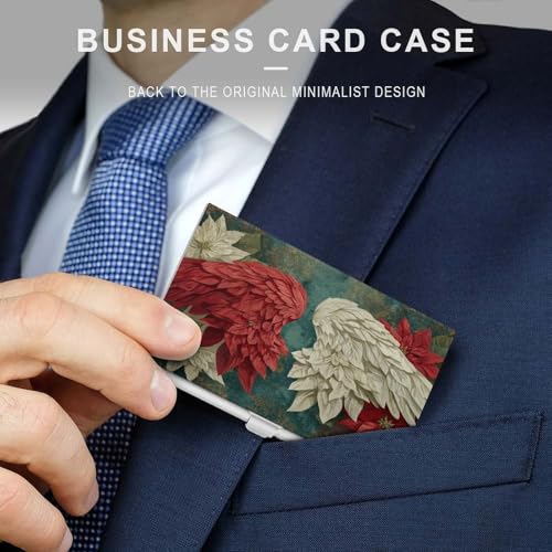 Red White Poinsettias Angel Wings Business Card Holder, Pocket Slim Portable Metal Business Card Case for Women Men3