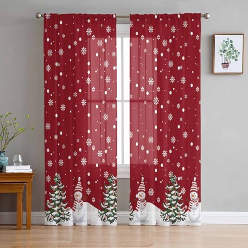 Wowouhiya Christmas Sheer Curtains 52''W x 84''L x 2 Panels Set, Snowman Red Decor Bedroom Curtain Drapes, Xmas Tree Winter Snowflake Semi Sheers for Living Room/Café