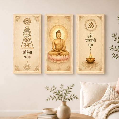 Image of Lord Buddha Jain Wall Art Painting for Living Room, Set of 3 Vastu Wall Art for Home Decor for Living Room, Bedroom, Hallways, Office, Hotel (Size-24x48 cm)
