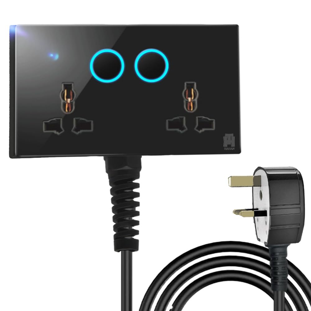 Hassan's Dual Neon Indicator Extension with 13A Double Universal Glass Socket, Premium Tempered Finish with heavy duty cord (30m (100ft), Black)