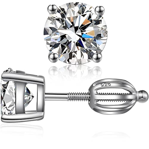 Rhodium Plated Sparkling CZ Diamond Stud Earrings 925 Sterling Silver Round Cut and Princess Cut 5A+ Cubic Zirconia Stud Earrings | Screw Back CZ Stud Earrings Hypoallergenic Earrings