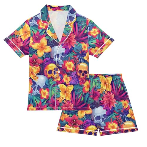 ALAZA Flower Blossom Sugar Skull Pajamas Satin Pajama Set Short Sleeve Button Down Sleepwear