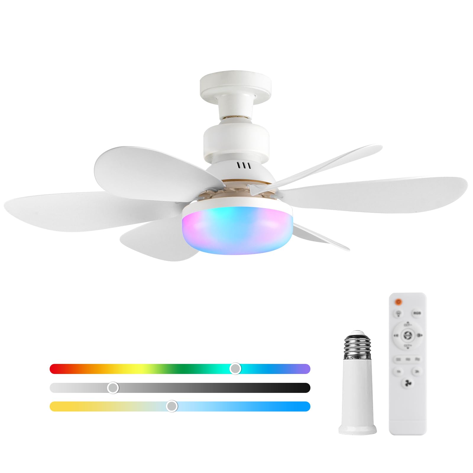 RRBEST Socket Ceiling Fan with Light and Remote, 3 Fan Speeds, Stepless Dimmable, 3 Colours, 3000K-6000K