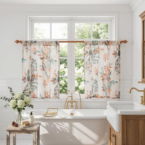 Image of MYSKY HOME Linen Kitchen Tier Cafe Patterned Curtains 24 Inch Length 2 Panels Farmhouse Semi Sheer Privacy Small Window Treatments Rod Pocket for Bathroom Basement, Burnt Orange, 30 inch Each Panel
