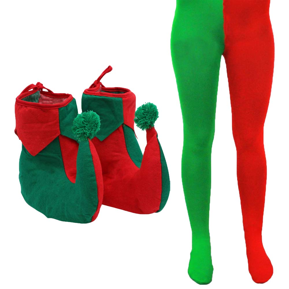 Costume d'elfe de Noël pour adultes – Tunique d'elfe rouge et vert avec clochettes attachées + accessoires – Déguisement de lutin masculin pour homme et femme (taille M + M)