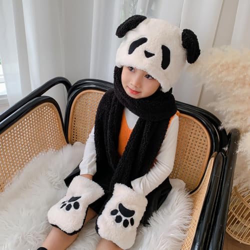 Image of Kids Winter Hat Gloves Scarf Set,Cute Panda Hat with Movable Ears Thick Warm Hood Cap for Girls Boys 4-10 Years Old