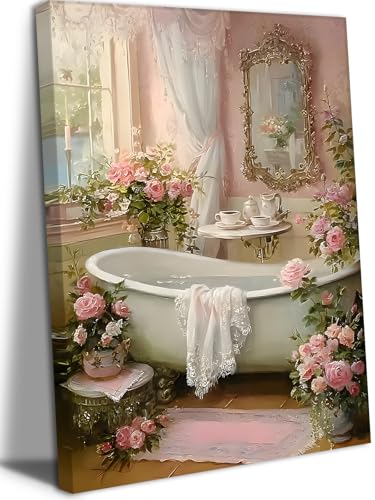Pink Flowers Bathroom Canvas Wall Art Floral Botanical Painting...