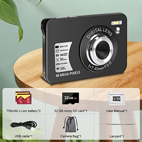 Digital Camera For Kids, 2.7K Digital Camera For Teens, Boys And Girls, 16X Digital Zoom Camera With 32Gb Sd Card And 2 Batteries (Black) #TOP5