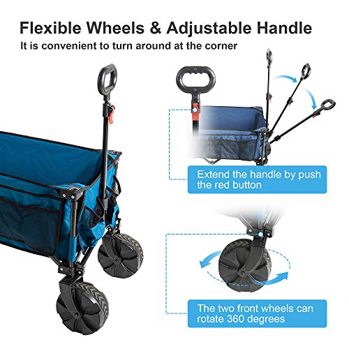 Timber Ridge Folding Wagon Collapsible Utility Big Wheels Shopping Cart For Beach Outdoor Camping Garden All Terrain, Heavy Duty Portable Grocery Cart With Side Bag, Cup Holders 35.5X18.4X39 Inches #TOP2