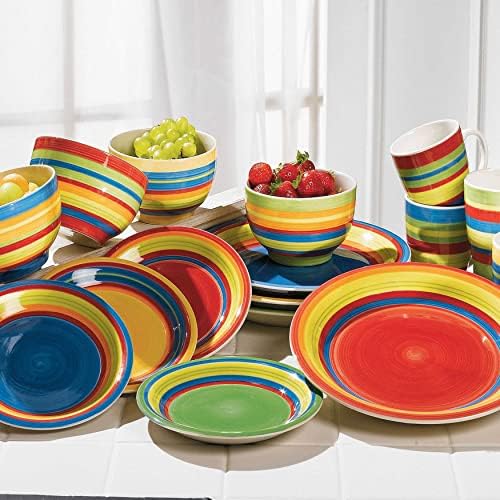 BrylaneHome Santa Fe Hand-Painted Striped Stoneware Dinnerware, Multi Stripe Multicolored