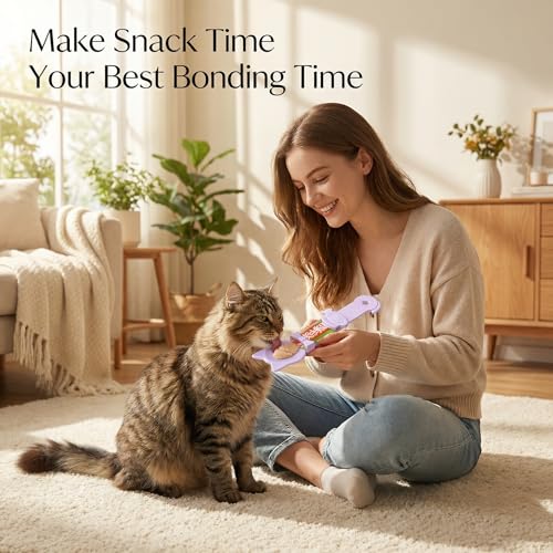 BYAZLETQAN Cat Treat Squeezer Spoon, Lickable Treat Dispenser with Interactive Fish Slider & Safe Cat-Head Bowl, Zero Waste Puree Feeder Clip for Mess-Free Snacking, Tail Hook, Pastel Colors (3 Pack) — view 5