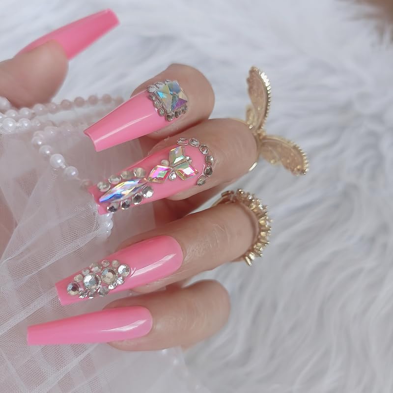 Miniatura 8 de Uñas postizas a presión rojas de lujo con diamantes de imitación, uñas postizas cuadradas extralargas, 24 unidades, brillantes, cobertura completa,