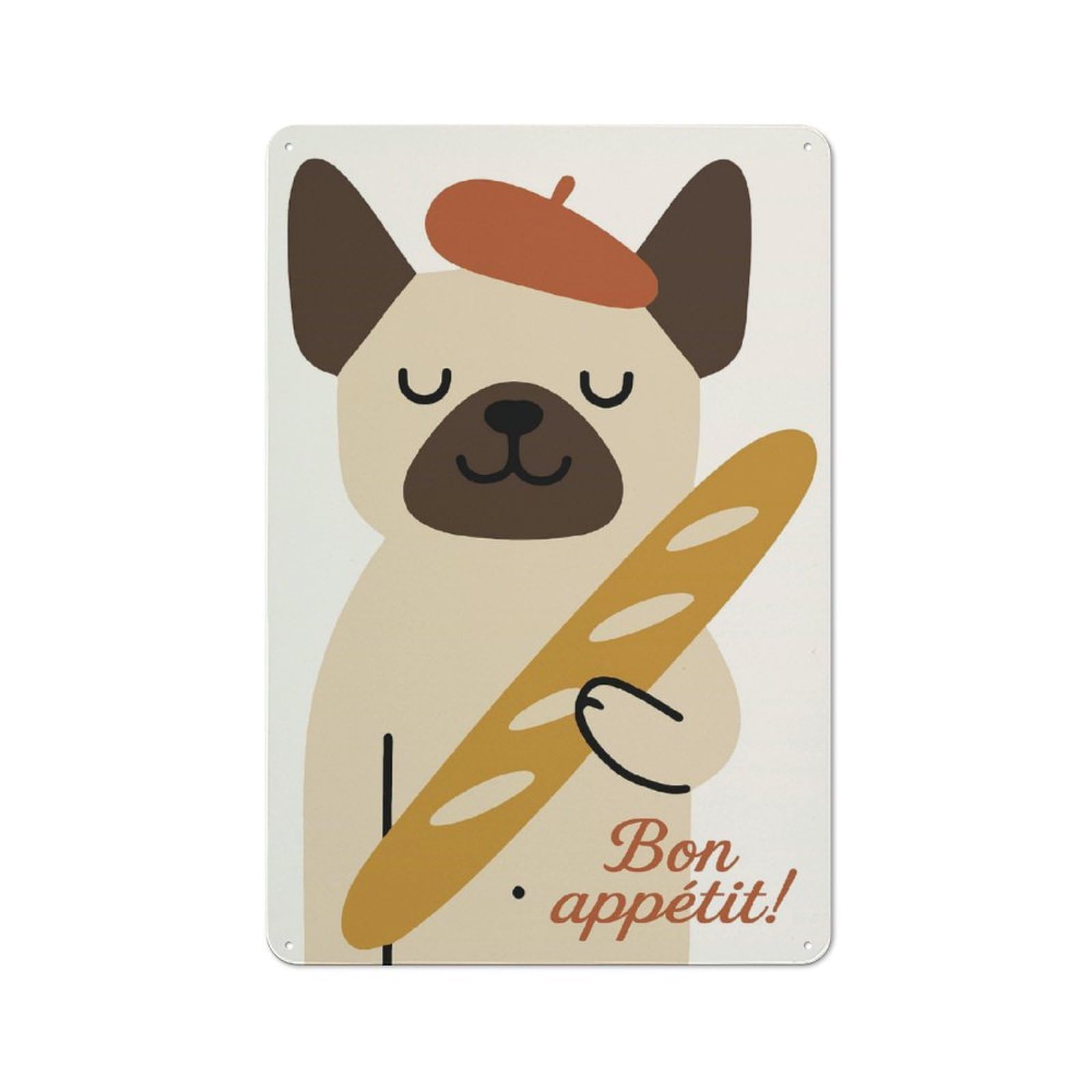 Junmoney Style-9 French Bulldog With Baguette And Beret Decorative Tin Plaque 30X20cm, Decorative Novelty Wall Art For Hallway, Home Bar, Garage Or Study