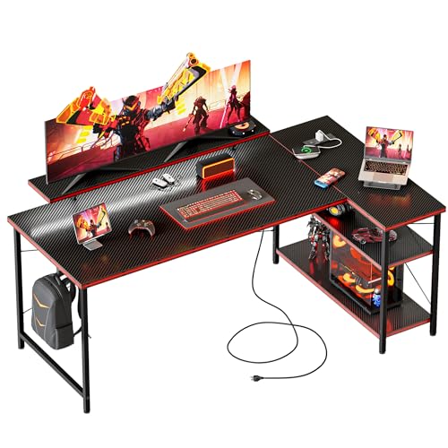 Mericonia L Shaped Computer Desk with Power Outlets, Gaming Desk Reversible with Storage Shelves & Monitor Stand, Corner Gamer Desk Table, Study Writing Table