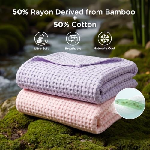 Image of Bedsure Cooling Cotton Waffle King Size Blanket - Lightweight Breathable Blanket of Rayon Derived from Bamboo for Hot Sleepers, Luxury Throws for Bed, Couch and Sofa, Purple, 104x90 Inches