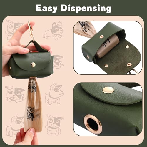 Image of Affrolling 5 Pcs Leather Dog Poop Bag Holder Christmas Include 45 Scented Poop Bags Dispenser Cute for Travel Walking Dog Park and Outdoor Use(Dark Green)
