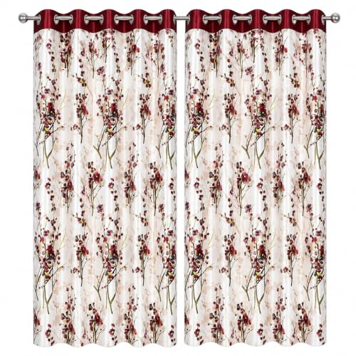 Image of 5 Feet Polyester Floral Light Filtering Window Curtains for Bedroom, Living Room & Hall, Eyelet Top, Maroon Print Curtain Set of 2