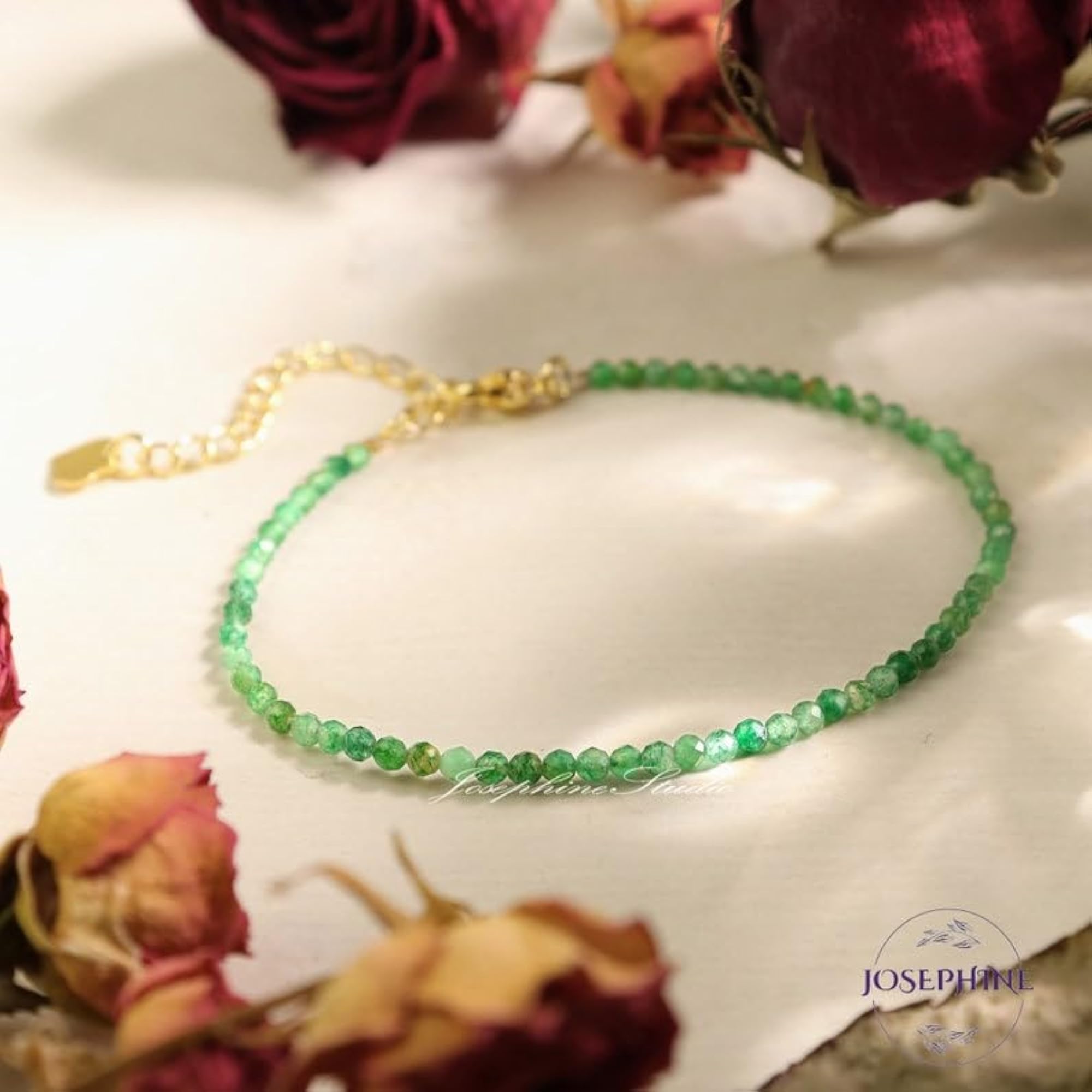 Emerald Round Beaded Bracelet, Adjustable Gold Lock