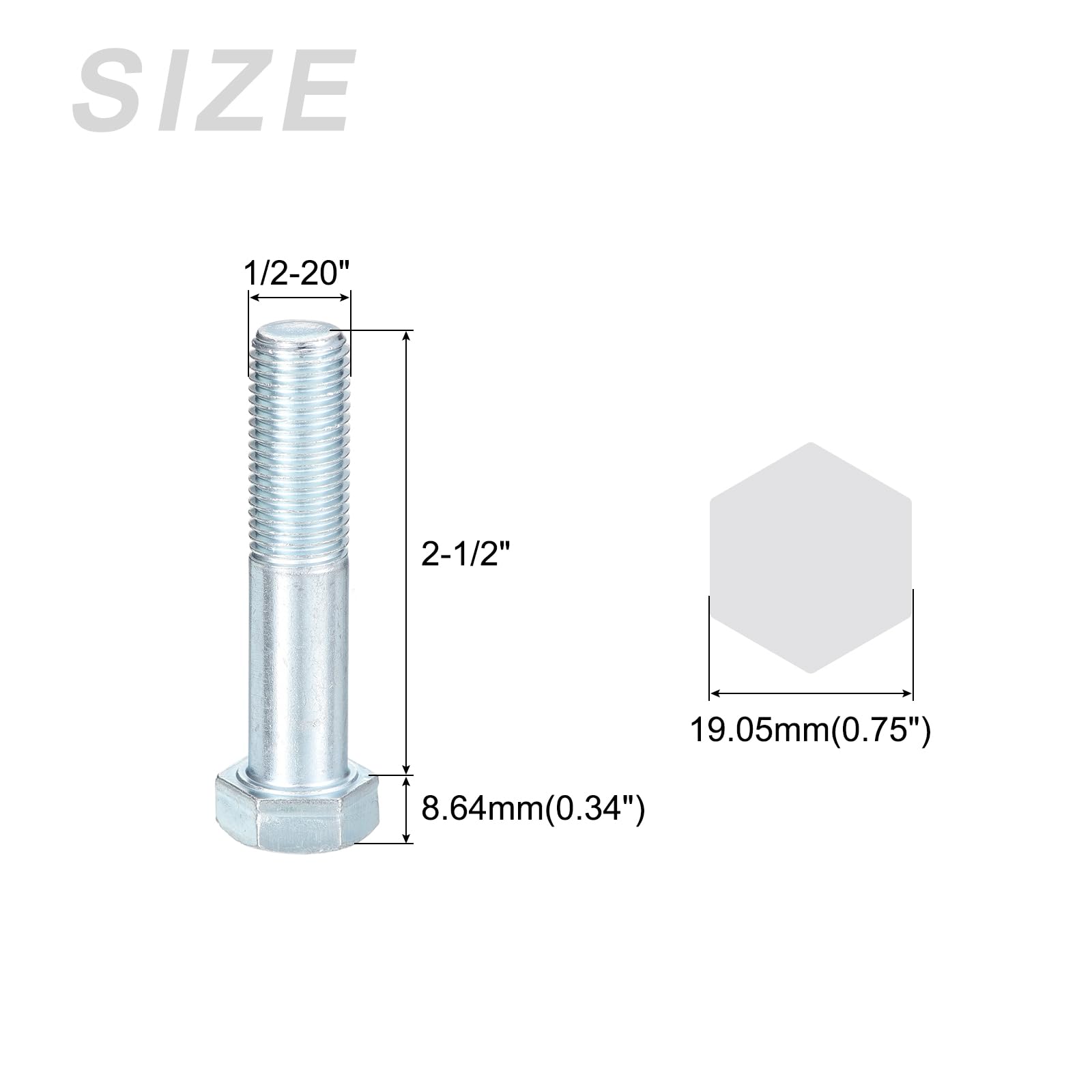 METALLIXITY Hex Bolts (1/2-20x2-1/2") 5Pcs, Grade 2 Carbon Steel Zinc Plated Partial Threaded - Image 2