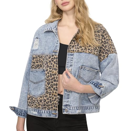 NiceQ Women Jean Jacket Leopard Denim Jackets for Women Womens Button Down Distressed Leopard Denim Jeans Jacket Washed Long Sleeve Ripped Cheetah Jean Coat
