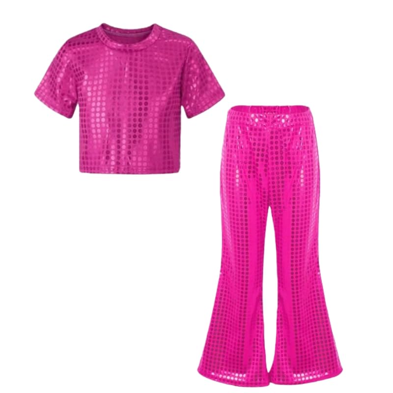 Danse Hip Hop T-Shirt et Pantalon Ensemble 2 pièces Orange Métallique Enfant Fille Paillette Haut Manches Courtes Top Brillant Tenue Danse Modern Jazz...