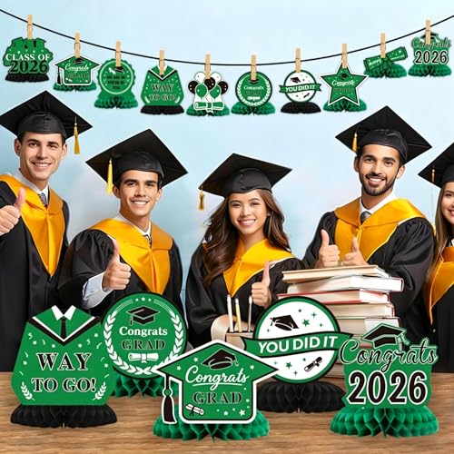 Image of Graduation Party Decorations Class of 2026, 10PCS Graduation Centerpieces for Table, Congrats Grad Table Centerpiece Congratulate Graduation Honeycomb Table Toppers for Graduation Party Supplies Green