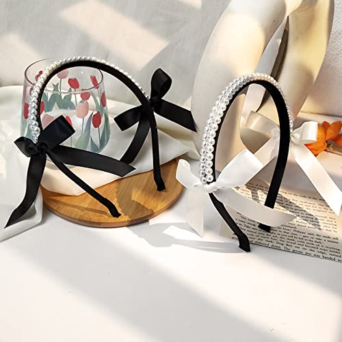 French-Retro-Bow-Pearl-Hair-Hoop-Female-Net-Red-Korean-Version-Black-Mori-Head-Hoop-Lady-Temperament-Hairpin-Hair-Accessories-White