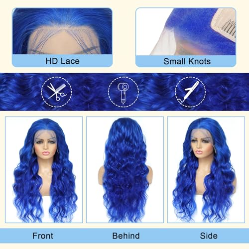AAY 30 Inch Blue Wig Human Hair 200 Density Body Wave 13x4 HD Lace Front Wigs Human Hair Pre Plucked with Baby Hair Blue Human Lace Front Wigs Color Glueless Frontal Wig for Women