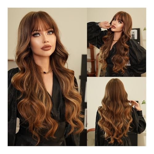 Perruque bouclée longue ondulée dorée avec frange pour femme - 3