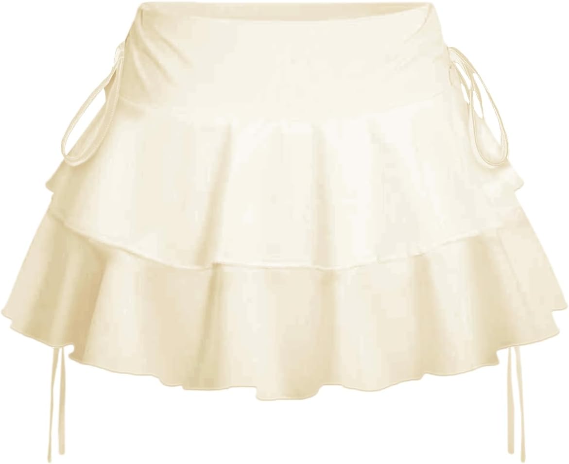 Women's Y2k Mini Ruffle Skirts with Shorts Tiered Layers Cute Elastic Waist Coquette Skort Drawstring Side Bow Tie