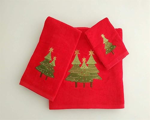BH Home & Linen Season's Greetings - Juego de 3 toallas bordadas con temática navideña, hechas de 100% algodón. (rojo)
