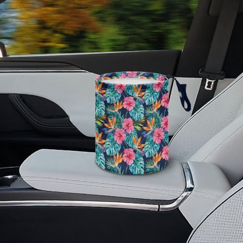 Image of Tropical Floral Portable Dustbin Bin Waste Basket Palm Leaves Car Accessories Interior Collapsible Universal for Car SUV Trucks