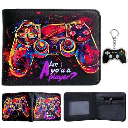 yumcute Gaming Controller PU Leather Wallet for Men Women Teens Bifold Short Wallet with ID Window Coin Pocket & Card Holder Slots Travel Essentials Gift for Gamers with Keychain
