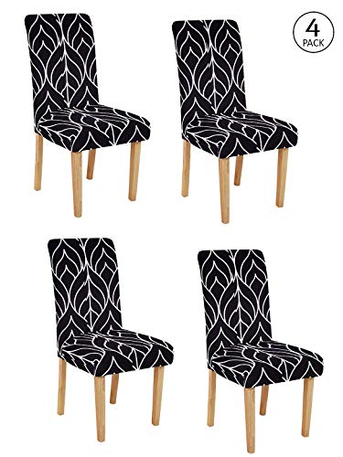 Image of Cortina Dining Chair Slipcover | Anti Slip Chair Cover | Leaf Print, Removable & Easy Wash | Universal Fit Soft Stretchy Polyester Spandex | Living Room, Kitchen, Hall | Pack of 4, Black 2