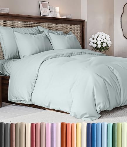 Image of Duvet Cover Cal King Size - 3 Piece Set with Zipper Closure - Ice Blue | Extra Soft Cal King Duvet Cover 104 inch x 98 inch with 2 Pillow Shams, Hotel Luxury w / Zipper Closures & Ties, Comfy & Breathable
