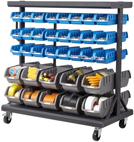 VEVOR 5-Tier Double-Sided Rolling Bin Storage Rack, 68 Plastic Bins, Dual-Sided Parts Organizer with Wheels, Mobile Tool Organizer for Garage, Warehouse, Office, Restaurant, Classroom, Kitchen